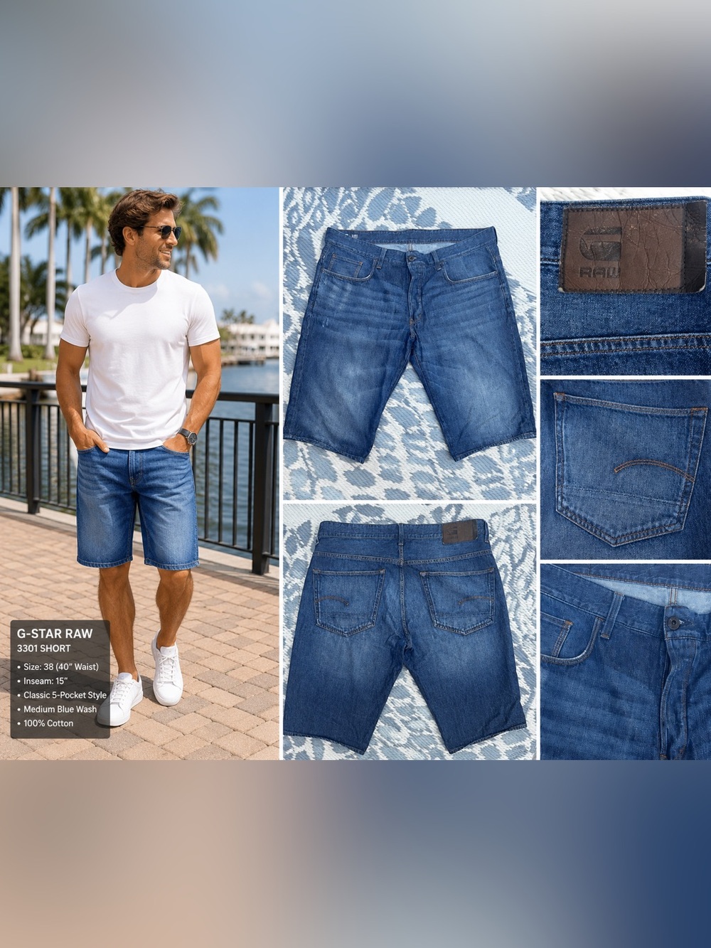 G-Star Blue Denim medium wash shorts